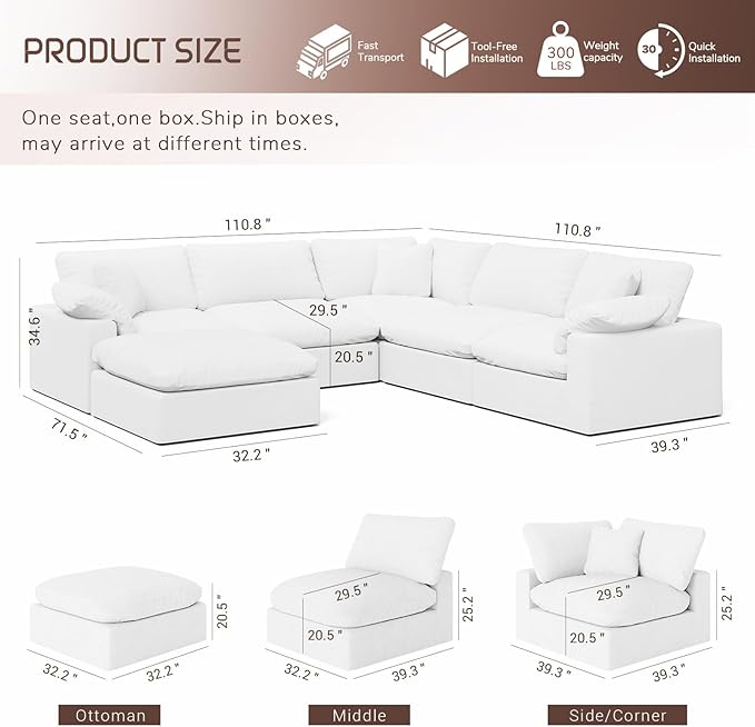 Forest aesthetics Cloud Modular Sectional Sofa,221.6" Down Filled Sofa 5 Seat with Chaise,Minimalist Sofa Cover Washable and Replaceable Couches for Living Room,Sectional Sofa Deep Seat