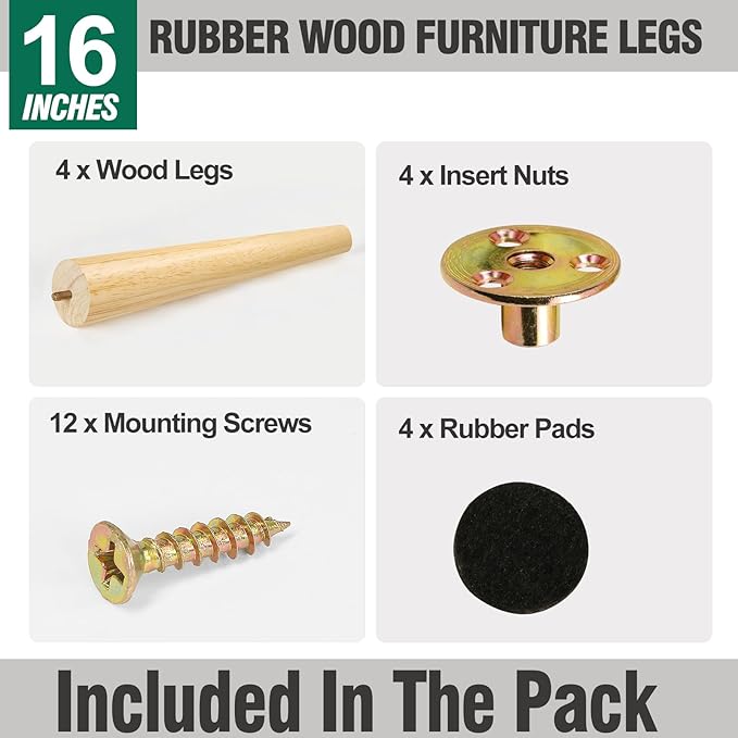FoDau770 Rubber Wood Furniture Legs 16 Inches, Straight Tapered Wood Feet Mid Century Sofa Legs Set of 4, 5/16" UNC Furniture Feet Replacement Parts for Cabinet Couch Dresser Chair Ottoman Table