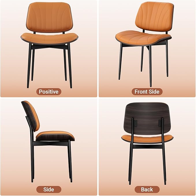 YaFiti Dining Chairs Set of 2, Mid Century Modern Dining Room and Kitchen Chairs, Upholstered PU Leather Chairs with Walnut Bentwood and Metal Legs, Orange