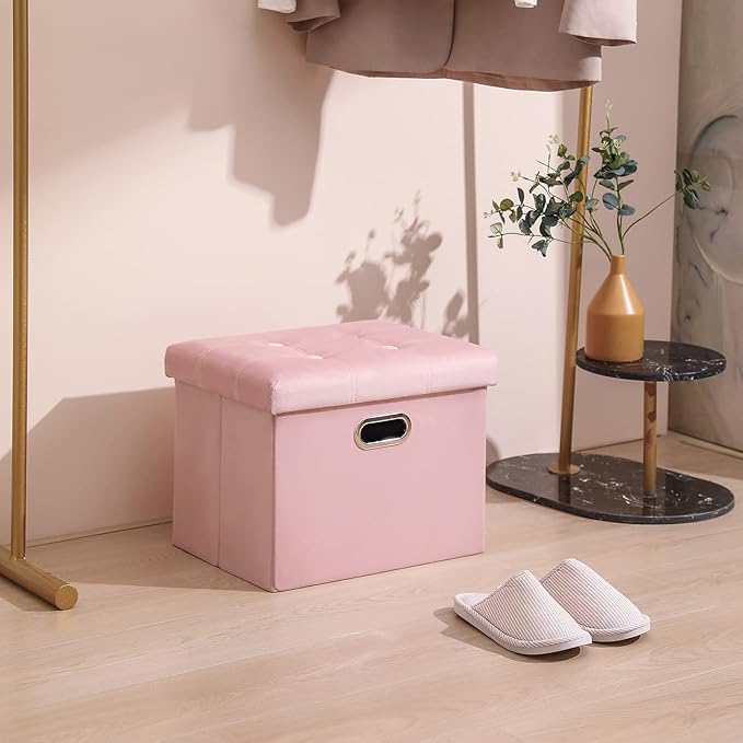 PRANDOM Ottoman with Storage [1-Pack] Velvet Folding Small Square Foot Stool with Lid for Living Room Bedroom Coffee Table Dorm Pink 17x13x13 inches