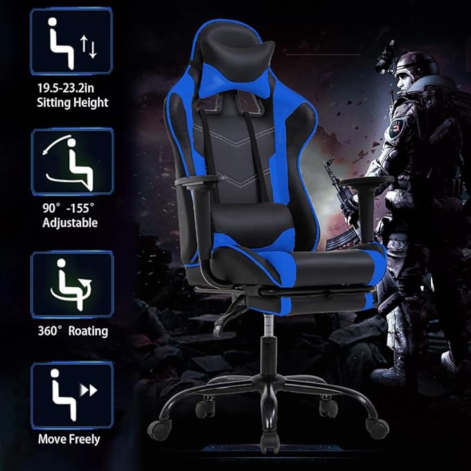 BestOffice | Ergonomic Gaming Chair | Blue | Reclining Computer Chair with Lumbar Support, Headrest Pillow, Adjustable Footrests | 360 Swivel with Heavy Duty Wheels | for Home & Office