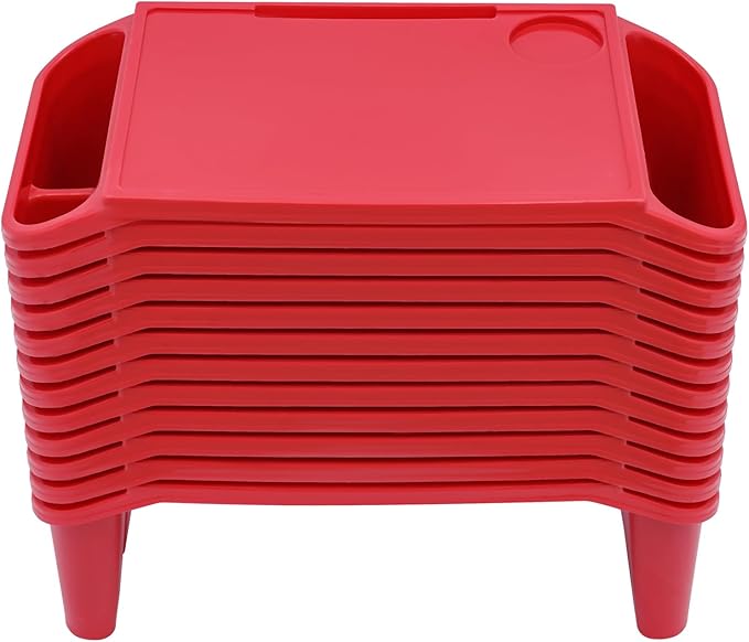 Mind Reader Kids Lap Desk, 12 PCS Kids Lap Desk Bulk Tray Lap, Portable Activity Tray with Side Storage, Stackable Plastic Desk Table for Students Drawing, Snacks, Study (Red, Small)