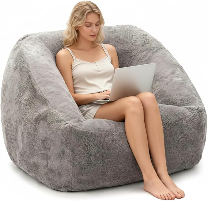 SUNBURY 47.2" Length L-Shaped Bean Bag Chair with Arms, Memory Foam Filled Floor Sofa with Handle & Side Pocket, Plush Faux Fur Chair for Adults, Living Room & Game Room (Gray)