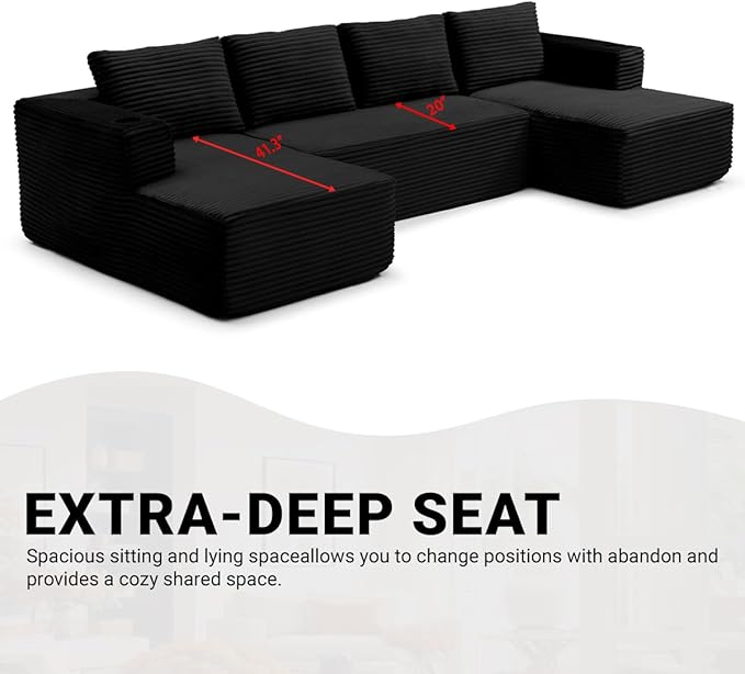 132" Modular Sectional Sleeper Sofa, Boneless Cloud Couch for Living Room, U Shaped 5 Seat Sofa with 2 Cup Holders, Free Combination, No Assembly Required (Black)