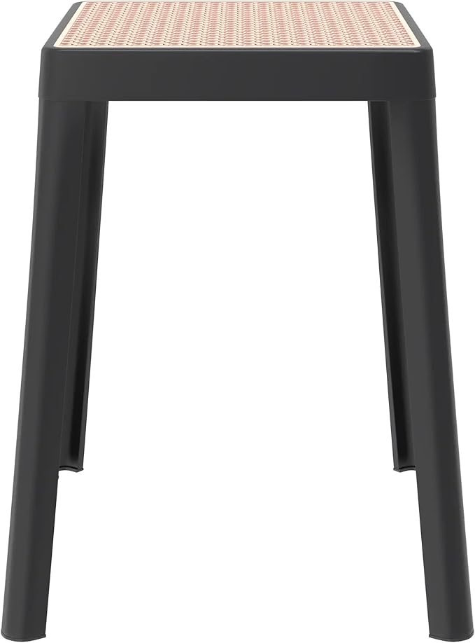 LeisureMod Tresse Mid-Century Modern Square Plastic Dining Stool Set of 2, Stackable Accent Stools with Breathable Seat, Lightweight Seating for Kitchen, Dining Room, Bedroom, or Entryway (Black)