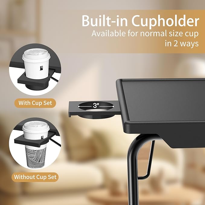 ZUCONKITCH Adjustable TV Tray Tables with 6 Height & 3 Tilt Angle, Folding TV Dinner Tray,TV Table with Cup Holder on Bed & Sofa (1 Pack, Black)