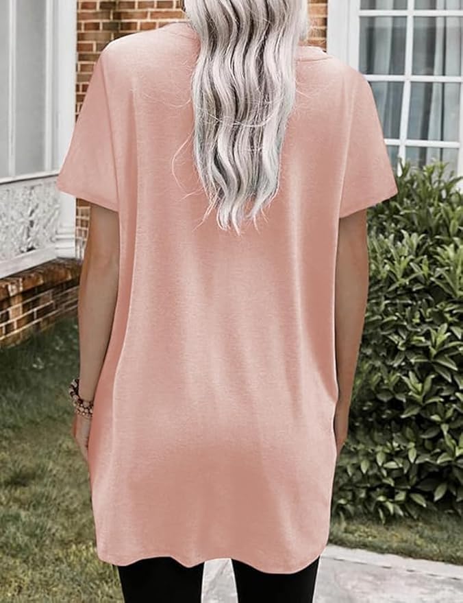 Poetsky Summer Womens Tunic Tops for Leggings with Pockets Short Sleeve Casual Long T Shirts S-3XL