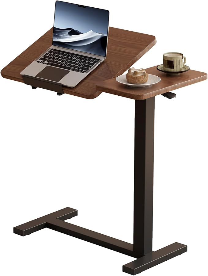 Solid Wood Overbed Bedside Table with Wheels, Tilting Adjustable Hospital Bed Table Over The Bed, Medical Mobile Laptop Stand, Rolling Standing Desk for Hospital and Home Use（Walnut）