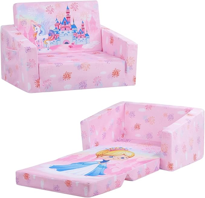 decalsweet Foldable Kids Sofas Couch 2 in 1 Children Convertible Sofa to Lounger Flip Open Toddlers Sofa Bed