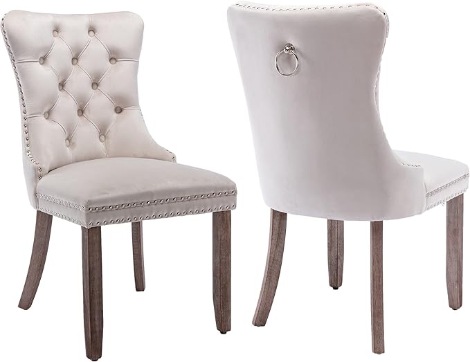 YeahFurn Beige Mid Century Modern Dining Chairs Set of 2, Velvet Upholstered Kitchen & Dining Room Chairs with Nailhead Trim & Solid Wood Legs, Elegant Sillas De Comedor (Beige, 2 Pcs)
