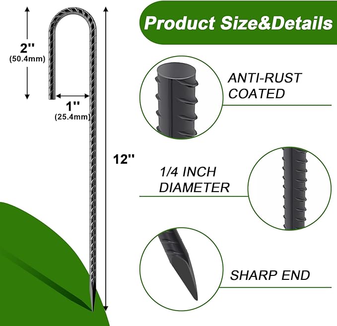 AAGUT Rebar Stakes 12 Inch 60 Pack, J Hook Premium Black Coated Ground Garden Anchors Heavy Duty, Superior Rust Resistance Chain Link Fence Stakes for Camping Tent, Inflatables, Lawn Decor
