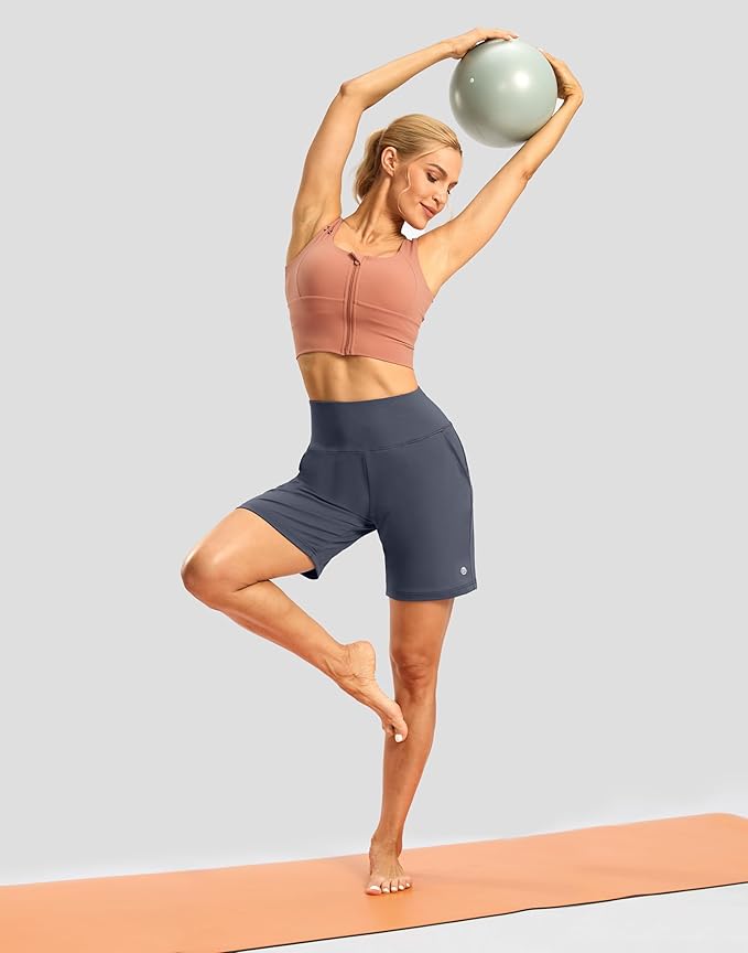 Women's Athletic Shorts with Zipper Pocket 7" High Waisted Stretchy Bermuda Shorts for Women Workout Running Casual