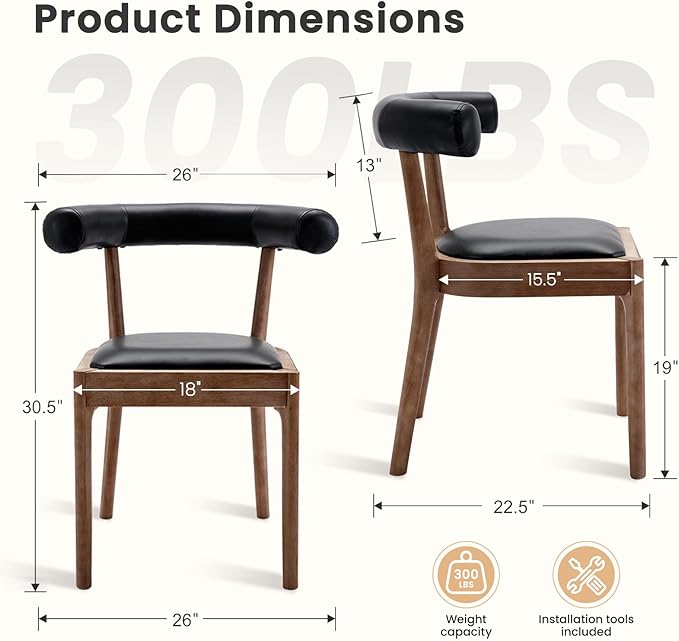 Kmax Dining Room Chairs Mid-Century Modern Leather Kitchen Chairs with Natural Walnut Finished Frame, PU Curved Back, Set of 4, PU Black