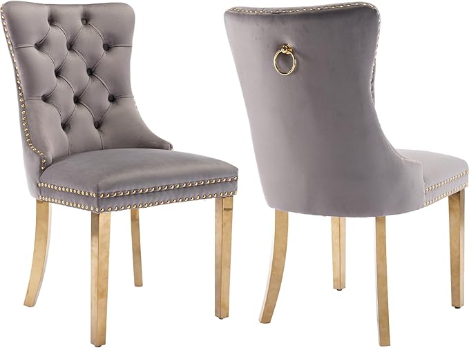YeahFurn Mid Century Modern Dining Chairs Set of 2, Grey Velvet Upholstered Tufted Back, Kitchen & Dining Room Chairs, Gold Metal Legs, Nailhead Trim, Sillas para Comedor (Gray, 2 Pcs)