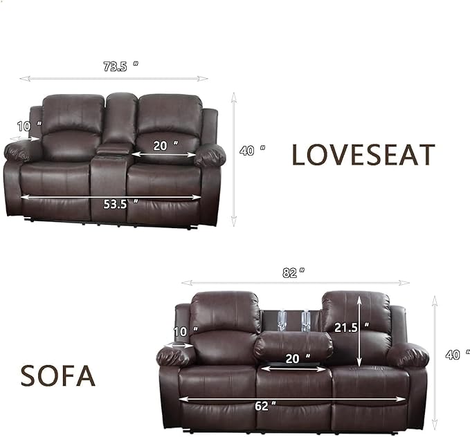 AYCP Bonded Leather Living Room Furniture Set Reclining Sofa Set Loveseat Furniture Sets in Living Room Sofa Recliners (Sofa+Loveseat, Brown)