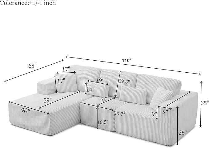 Vanress 110" Cloud Couch Sectional, Corduroy Boneless Couch with L-Shape Chaise,Modern Modular Sectional Sofa Comfy Deep Seat for Living Room, Bedroom, No Assembly (Black, Right Facing Chaise)