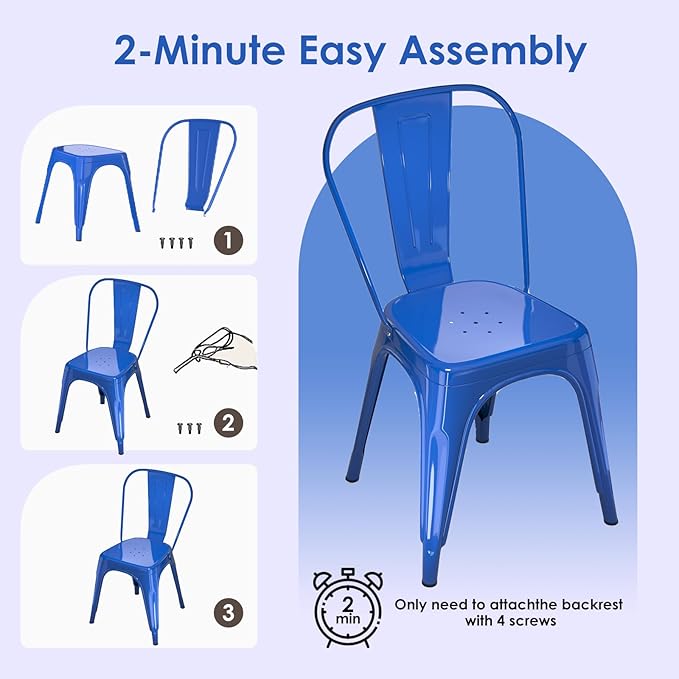 Metal Dining Chairs Set of 4,Stackable Tolix Chair Indoor/Outdoor for Kitchen,Cafe,Restaurant,Bistro & Patio Multiple Colors(Blue)