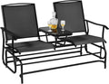 Giantex Patio Bench Glider Chair with Metal Frame, Center Tempered Glass Table, Outside Double Rocking Swing Loveseat for Porch, Garden, Poolside, Balcony, Lawn Rocker Outdoor Glider Bench(Black)