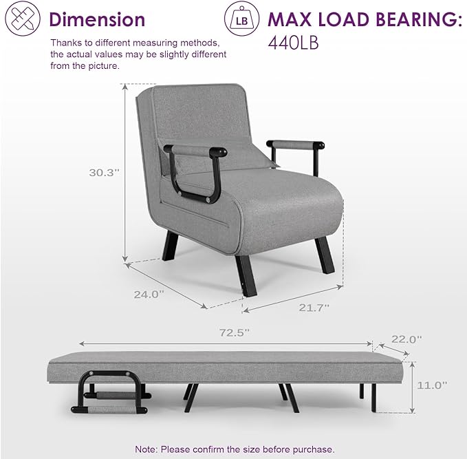 TYBOATLE Folding Chair Bed, Comfy Convertible Sleeper Sofa, 5 in 1 Folding Bed with 5-Position Adjustable Backrest & Pillow, Floor Single Chairs, Cozy Futon Chair for Small Spaces, Office (Light Grey)