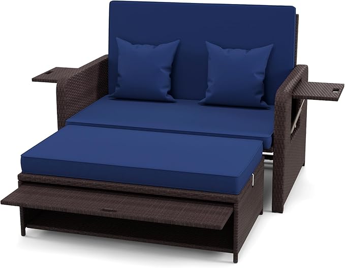 RELAX4LIFE Wicker Patio Outdoor Daybed - Rattan Day Bed Lounger with Loveseat & Storage Ottoman, Sunbed Sofa Set w/Cushions, 4-Level Adjustable Backrest & 2 Retractable Trays, Patio Daybed (Navy)