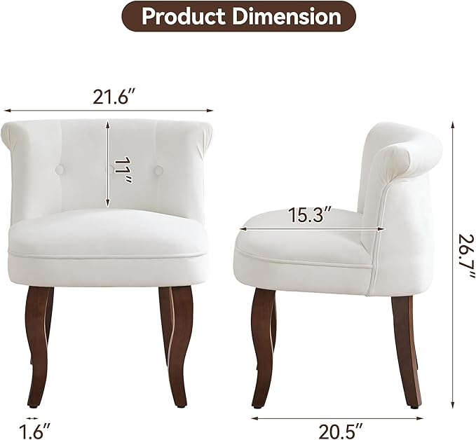 WUTUTUEE Velvet Vanity Chair with Back, Tufted Upholstered Vanity Stool with Solid Wood Legs, Mid Century Small Makeup Chair for Vanity, Accent Chair for Bedroom, Living Room, White