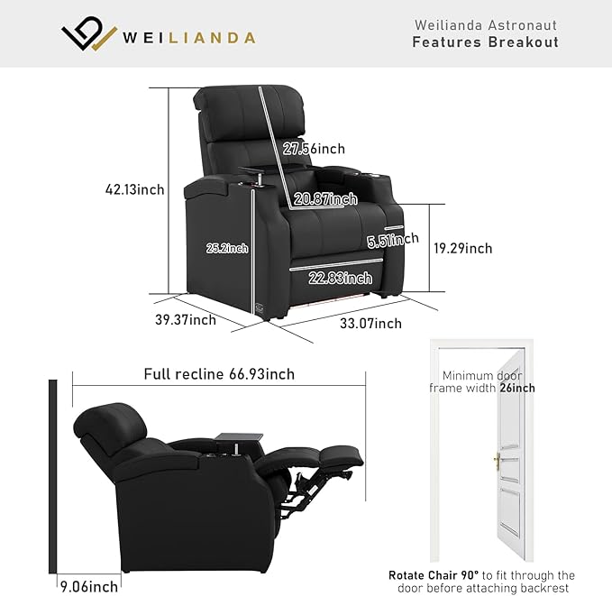 Weilianda Home Theater Seating, Top Grain Leather Sectional Seats Recliner Chair, Zero Gravity Reclining Sofa with Power Headrest 7 Colors Ambient Lighting USB C Charge Row of 1 Black