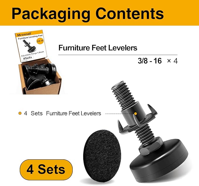 Mrosnail 4Pcs Adjustable Furniture Leveling Feet with T-Nuts, 3/8"-16 UNC Thread Screw-in Furniture Levelers for Tables, Sofas, Shelves, Cabinets