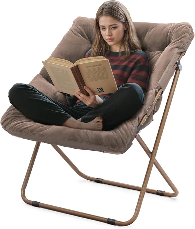 Athena Collection Saucer Chair for Adult, Square Comfy Cozy Chair Folding Chair Faux Fur Metal Frame Foldable Reading Chair Accent Chair for Bed Room Living Room, Brown