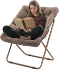 Athena Collection Saucer Chair for Adult, Square Comfy Cozy Chair Folding Chair Faux Fur Metal Frame Foldable Reading Chair Accent Chair for Bed Room Living Room, Brown