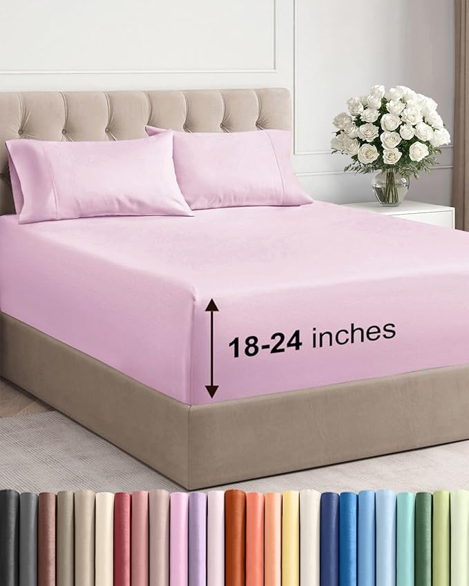 Extra Deep Pocket King Sheets - 4 Piece Breathable & Cooling Bed Sheets - Hotel Luxury Bed Sheet Set - Soft, Wrinkle Free & Comfy - Easily Fits Extra Deep Mattresses - Deep Pocket Light Pink Sheets