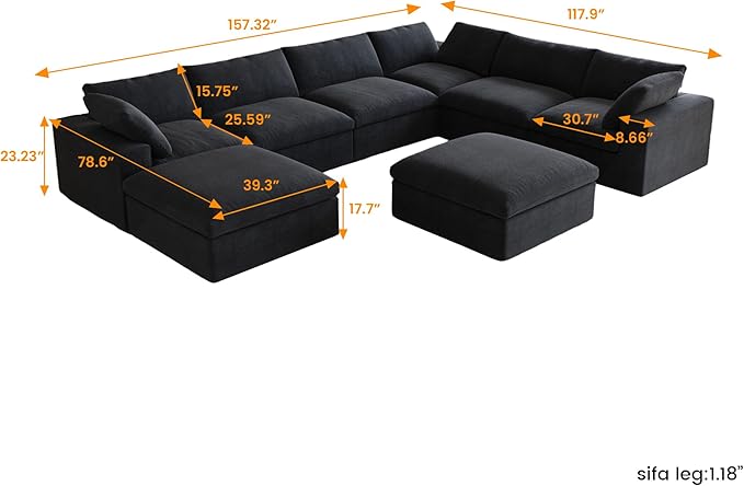 Cloud Modular Sectional Couch,160inch Overzised Down Filled Comfort Sofa Couch for Living Room,8 Seater Minimalist Wide Deep Seat Convertible Couches,Sofa Cover Washable & Removable, (Black)
