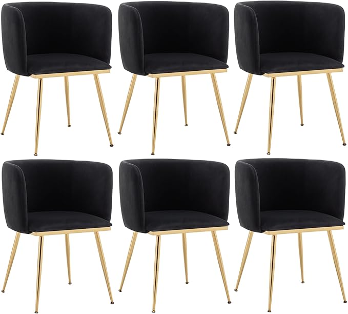 Canxkun Velvet Dining Chairs Set of 6, Barrel Dining Chairs with Gold Metal Legs, Modern Upholstered Dining Room Chair for Dining Room, Kitchen, Vanity (Black)