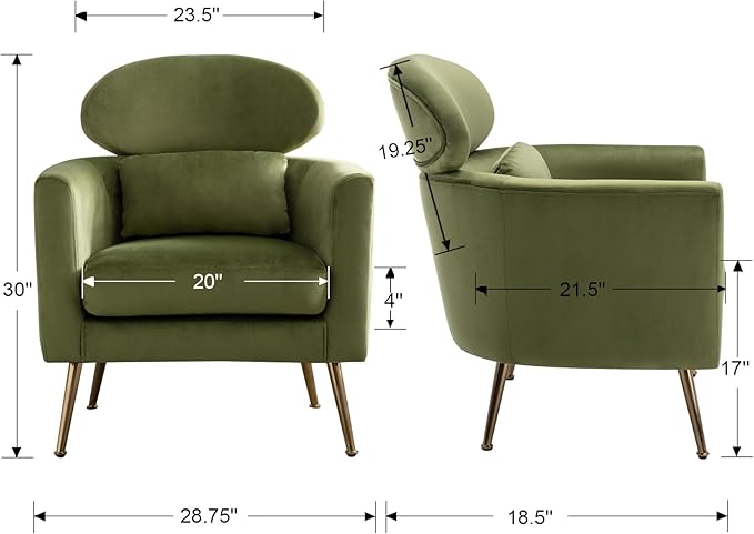 DM Furniture Velvet Accent Chair Comfy Living Room Chair Slipper Chair Mid Century Single Sofa Arm Chair with Golden Legs and Pillow for Bedroom/Guest Room, Olive Green