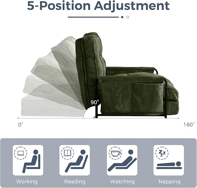 MAXYOYO Adjustable Floor Sofa Couch with Pillow, Multi-Functional Bean Bag Bed, 5-Position Foldable Lazy Sofa Sleeper Bed with Armrest, Versatile Floor Seating for Reading, Dark Green, Single