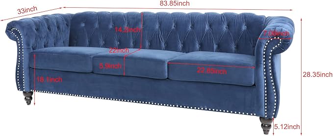 QHITTY Accent Large Sofa, Chesterfield Couch 3 Seater Modern Velvet Couch Upholstered Sofa with Tufted Back for Living Room Furniture (Blue)