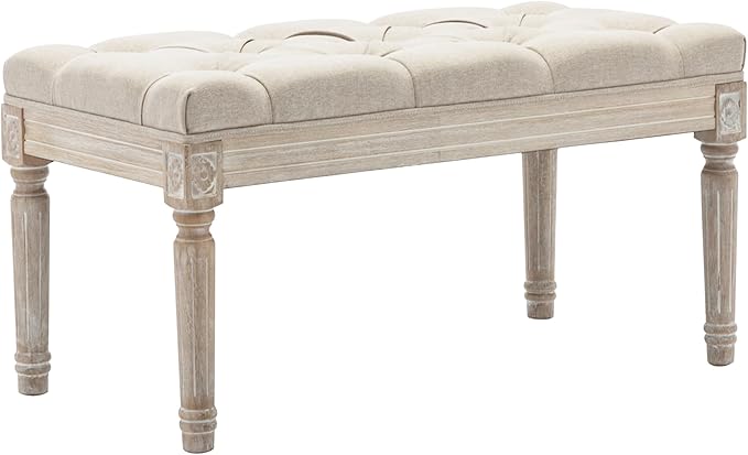 DM Furniture Upholstered Fabric Entryway Bench, Tufted Piano Bench for 2 People, Rubber Wood Legs with Beautiful Carved Pattern for Bedroom/Living Room/Dining Room (Beige)