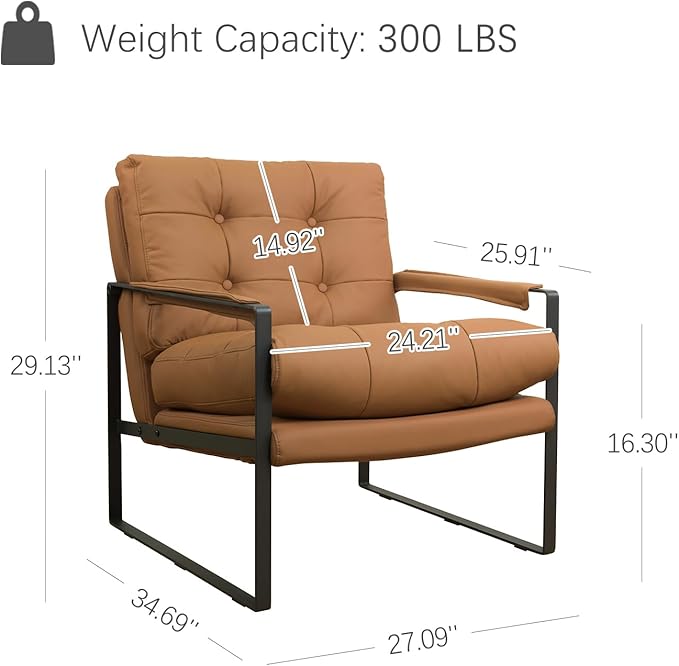Zouron Leather Accent Chair Modern Reading Armchair Single Sofa Chair for Living Room Bedroom Reception Room, Khaki Button Tufted