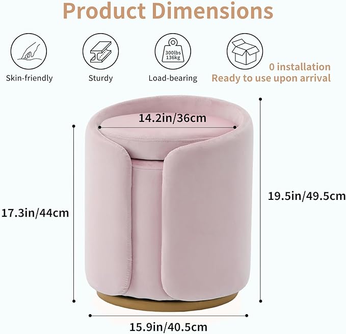 Vanity Chair with Storage, Round Velvet Vanity Stool No Wheels, Swivel Ottoman Chair with Upholstered for Women, Makeup Chair Accent Stool with Back for Living Room, Bedroom, Gold Base, Pink