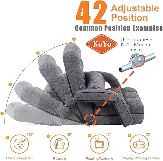 FLOGUOR Indoor Floor Gaming Chairs for Adults with Back Support,Chaise Lounge, 14-Position Folding Lazy Sofa with Pillow for Living Room, Bedroom, Balcony(Grey) 8803GR