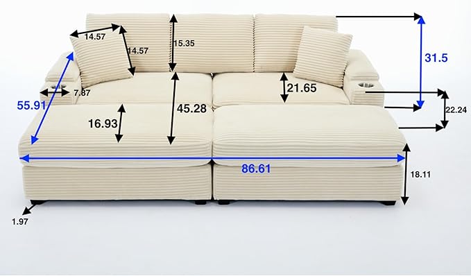 KEIKI Combination Sofa Bed Set, Indoor Chaise Lounge Sofa with Armrest Storage, Cupholders, USB, Deep Seat Sleeper Couch Reading Chairs for Living Room, Beige