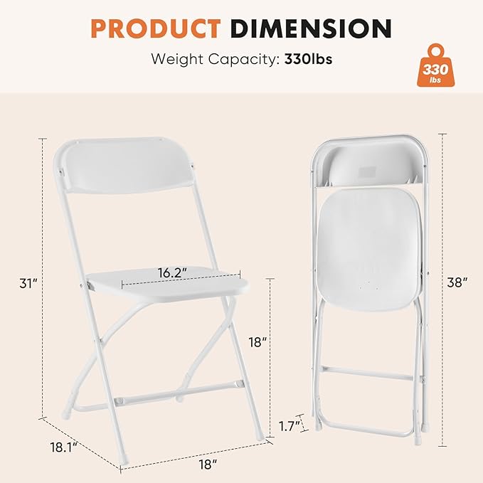 Sweetcrispy Folding Chair 16 Pack, Plastic Foldable Chairs with 330-Pound Capacity, Sturdy Metal Portable Chair, Easy to Use and Store, Outdoor and Indoor, for Home, Office, Party, Comfy, White