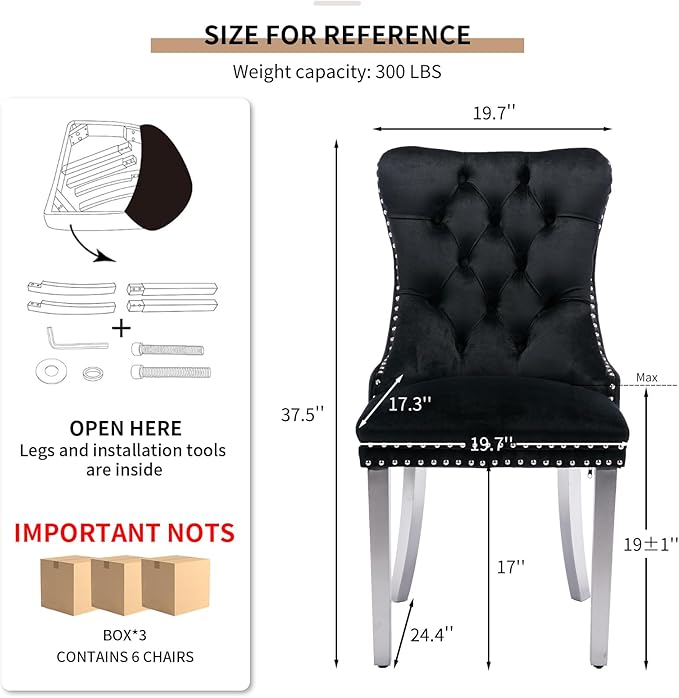 YeahFurn Mid Century Modern Dining Chairs Set of 6, Black Velvet Upholstered Tufted Back, Kitchen & Dining Room Chairs, Brushed Silver Metal Legs, Nailhead Trim, Sillas para Comedor (Black, 6 Pcs)