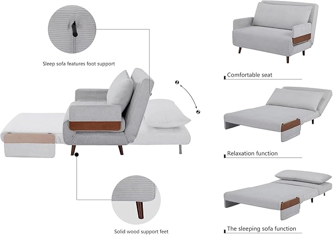 CITTANEO 42" Convertible Sleeper Chair, 3-in-1 Chair Bed Sleeper for Adults with Adjustable Backrest, Pillow & Wooden Arms, Loveseat Sofa Bed for Apartment, Office, Light Gray