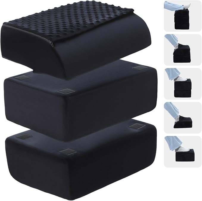 Novabright Adjustable Under Desk Foot Rest, Memory Foam Foot Stool with Gel Top and Warm Pocket Washable Cover Footrest for Office Chair Leg and Back Pain Relief (15" X 11" X 14.4",Cambered,Black)