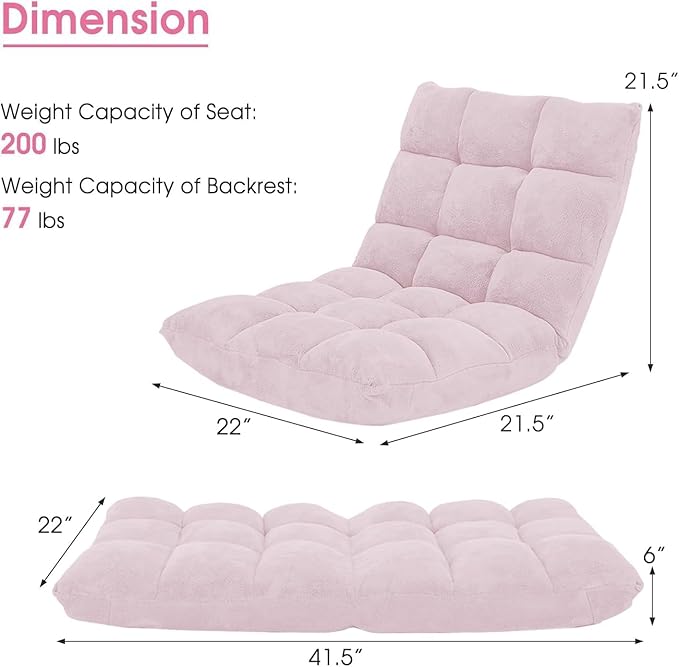 KOMFOTT 14-Position Adjustable Floor Chair with Back Support - Folding Padded Gaming Sofa Chair for Reading, Meditation, Living Room Lazy Lounge, Video Gaming - Light Pink