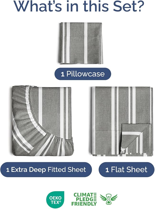 Extra Deep Pocket Twin Sheets - 3 Piece Breathable & Cooling Bed Sheets - Hotel Luxury Bed Sheet Set - Soft, Wrinkle Free & Comfy - Easily Fits Extra Deep Mattresses - Deep Pocket Grey Striped Sheets