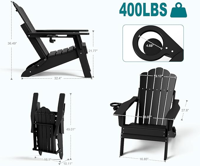 FOOWIN Adirondack Chair, Folding Adirondack Chair with Cup Holder, HDPE All-Weather Fire Pit Chair for Patio, Garden, Backyard, Poolside, Black