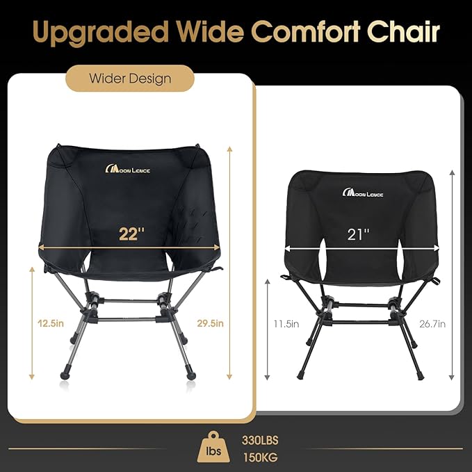 MOON LENCE Portable Camping Chair Plus, Upgraded Comfort & Size, Compact and Lightweight Still, Folding Chair for Backpacking & Hiking, 330Lbs Capacity (Black 2 Pack)