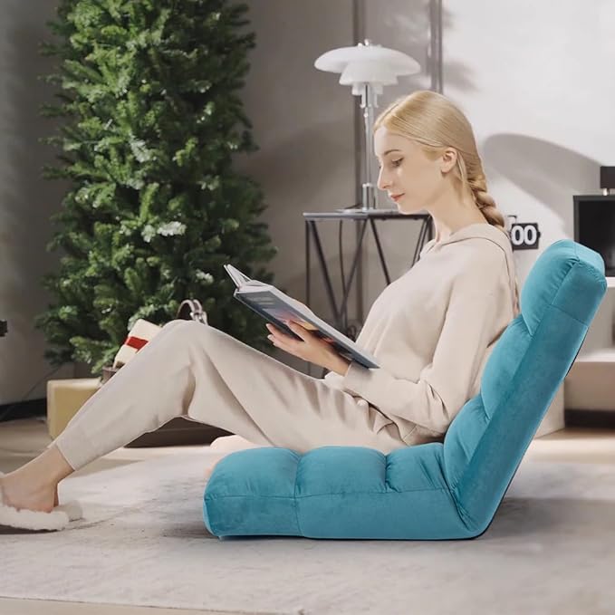 HOMYEDAMIC Floor Chair, 24 inches Wide Oversized Velvet Armless Lay Flat Floor seat Padded Meditation Chair with 6 Adjustable Position Ergonomic Comfortable Convenient(LRSF-010-BLUE)