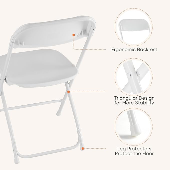 Sweetcrispy Folding Chair 8 Pack, Plastic Foldable Chairs with 330-Pound Capacity, Sturdy Metal Portable Chair, Easy to Use and Store, Outdoor and Indoor, for Home, Office, Party, Comfy, White